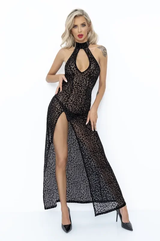 Langes Flockkleid im Leoparden-Look mit Schlitz