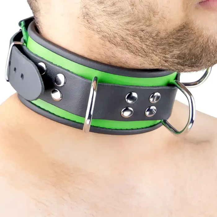Leder-Halsfessel mit 3 D-Ringen und Kontrastfarbe