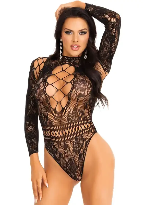 Leg Avenue – Spitzen-Bodysuit mit Hohem Kragen – Schwarz