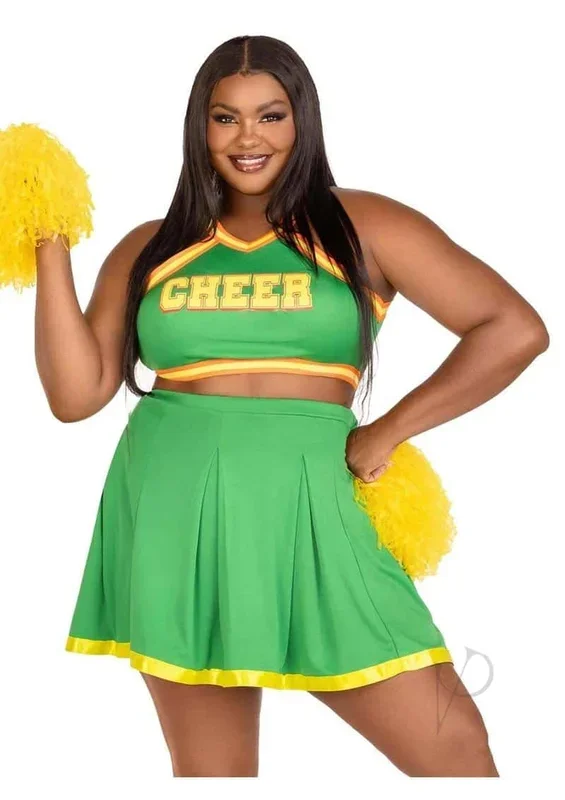 Leg Avenue Bring It Baddie Set Top with Cheer Logo, Pleated Skirt and Pom Pom (3 Piece) – 3X/4X – Green