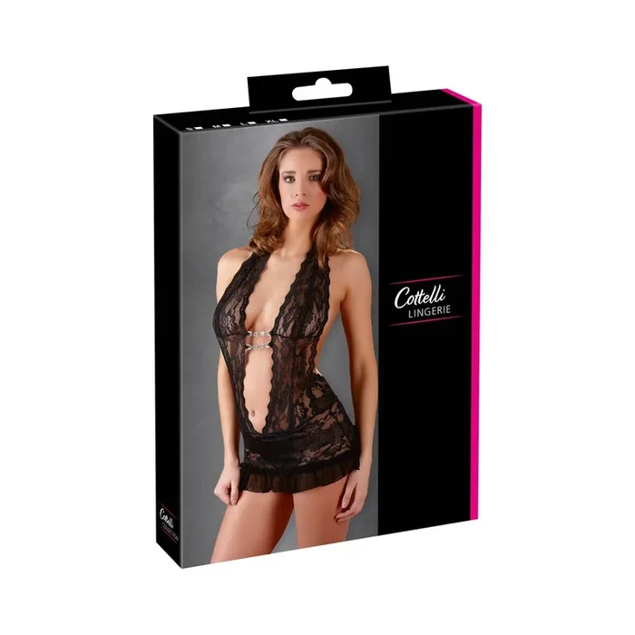 Minikleid aus Spitze mit angenähten String – Schwarz – Größe M