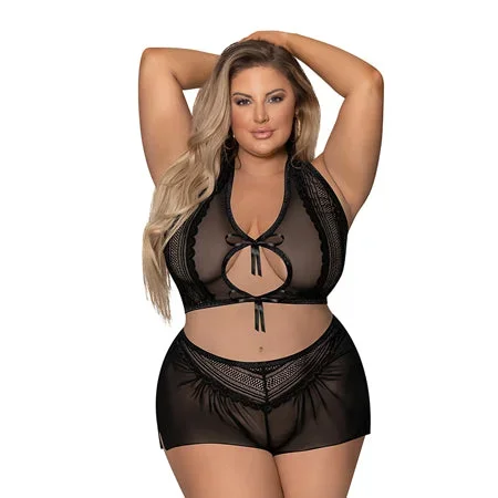 Modern Romance Tie Front Halter & Tap Pant Black 2X