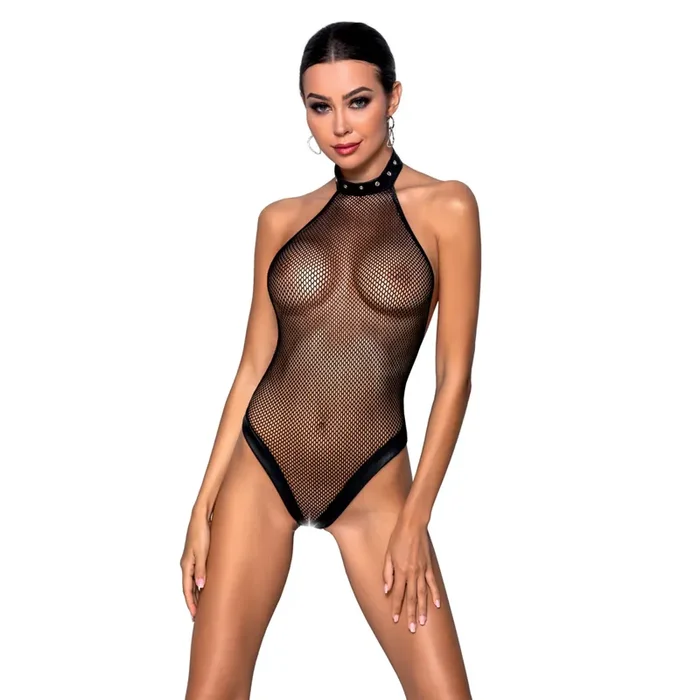 Neckholder-Netzbody mit Riemendetails – schwarz