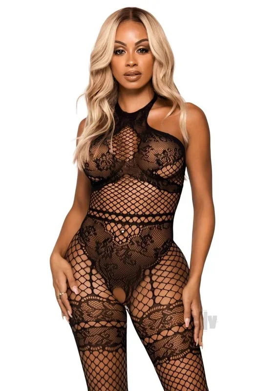 Net and Lace Crotchless Bodystocking – One Size – Black