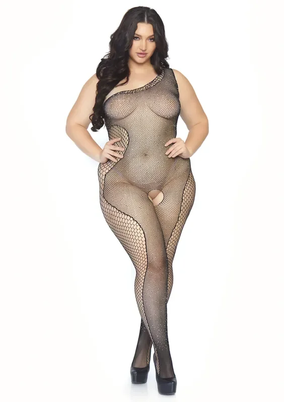 Netz-Bodystocking asymmetrisch mit Steinchen – Queensize