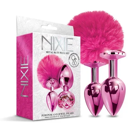 Nixie Metal Butt Plug Set w/Jewel Inlaid & Pom Pom – Pink Metallic