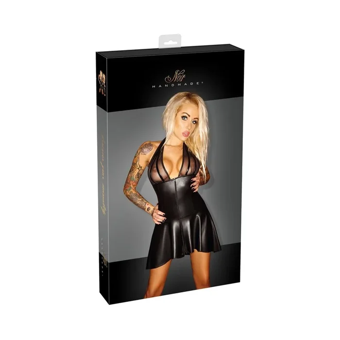 NOIR Kleid aus Wetlook und Powernet mit Reißverschlusses vorne – Schwarz – Größe XL