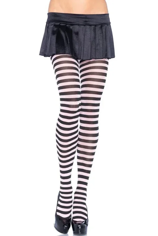 Nylon Black and White Striped Tights in OS
