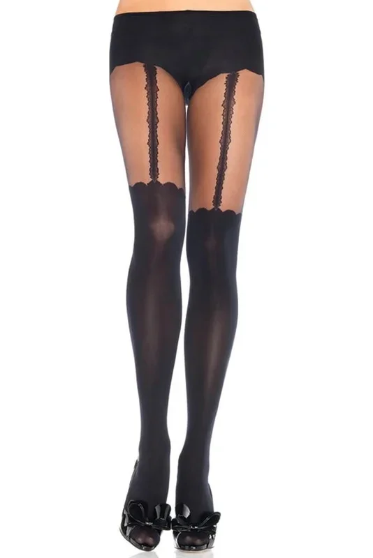Opaque Pantyhose with Faux Ruffled Garter Detail in OS