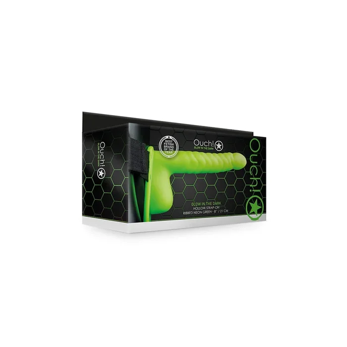 Ouch! Ribbed Hollow Strap-On With Balls 8″ Glow In The Dark