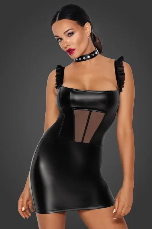 Powerwetlook Kleid mit Tüll-Einsatz