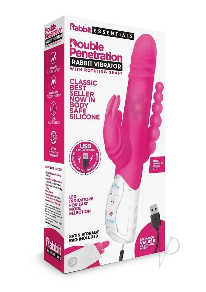 Rabbit Essentials Rechargeable Double Penetration Rabbit Vibe Hot Pink
