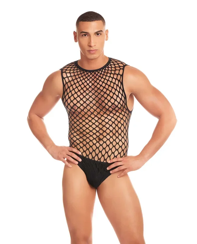Rainbow Party Full Effect Large Mesh Unitard w/Thong – Black L/XL