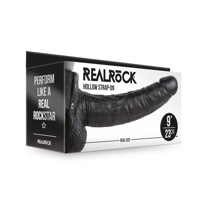 RealRock 9in Hollow Strap-On W/Balls Blk