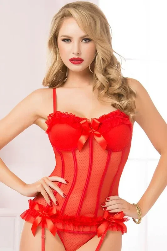 Red Polka Dot Fence Mesh Ruffle Bustier Set in XL