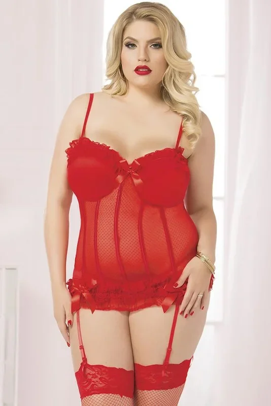 Red Polka Dot Mesh Ruffled Bustier and Thong in 3X/4X