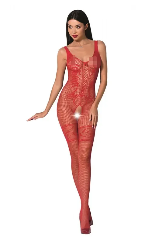 rotes Bodystocking overt aus Netzmaterial