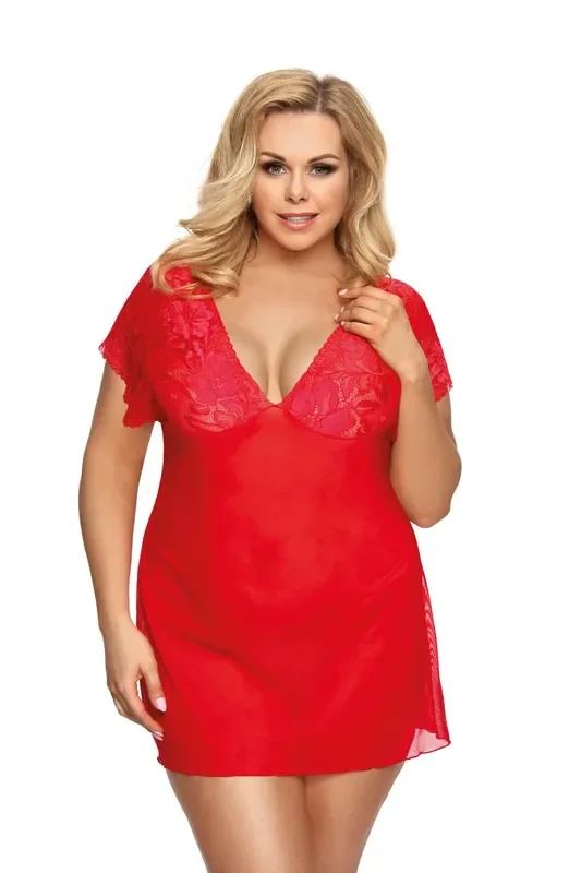 rotes Chemise aus transparentem Tüllmaterial mit Spitze