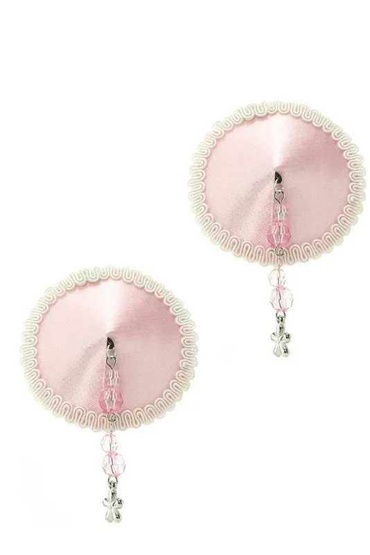 Round Satin Nipple Covers with Beads & Flower Charm in Pink