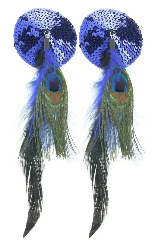 Round Sequin Nipple Covers wtih Peacock Feathers in Blue