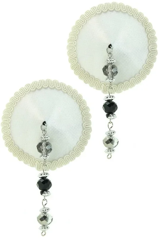 Round White Satin Nipple Covers with Black & Silver Beads