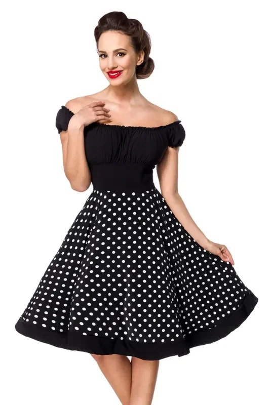 Schulterfreies Swing-Kleid mit weißen Punkten