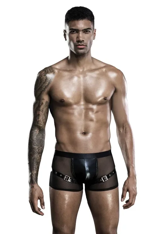 schwarze Herrenshorts aus feinem Netzmaterial mit Kunstleder und verstellbaren Zierschnallen