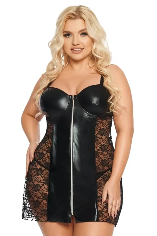 schwarzes Chemise aus Wetlookmaterial mit Spitze und Bügel-Cups