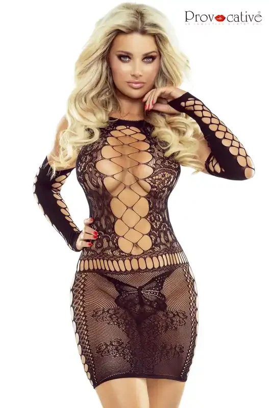 schwarzes Minikleid aus Netzmaterial mit Armstulpen und Schmetterlingsmuster