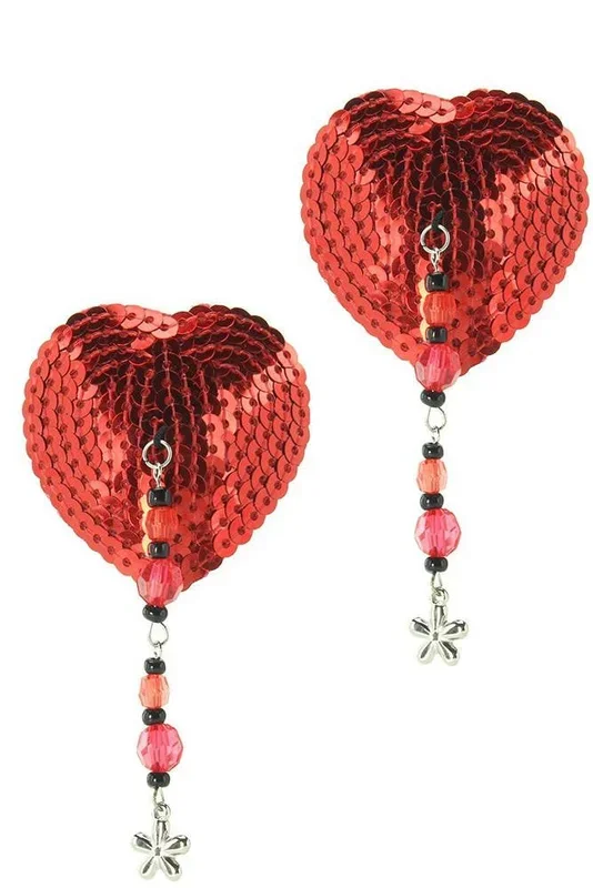 Sequin Heart Nipple Covers with Flower Charm in Red