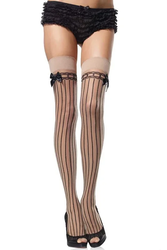 Sheer Stockings with Opaque Stripes and Bow Accent in OS