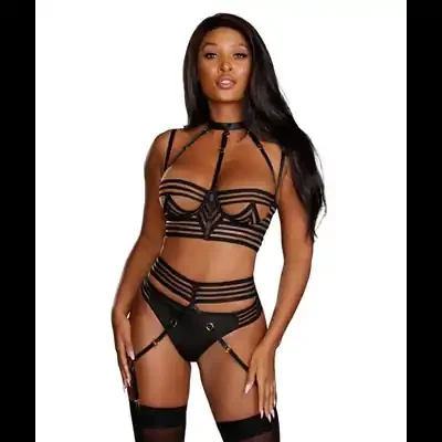 Sheer Striped Bra, Garter Belt and G-String Set – XL – Black