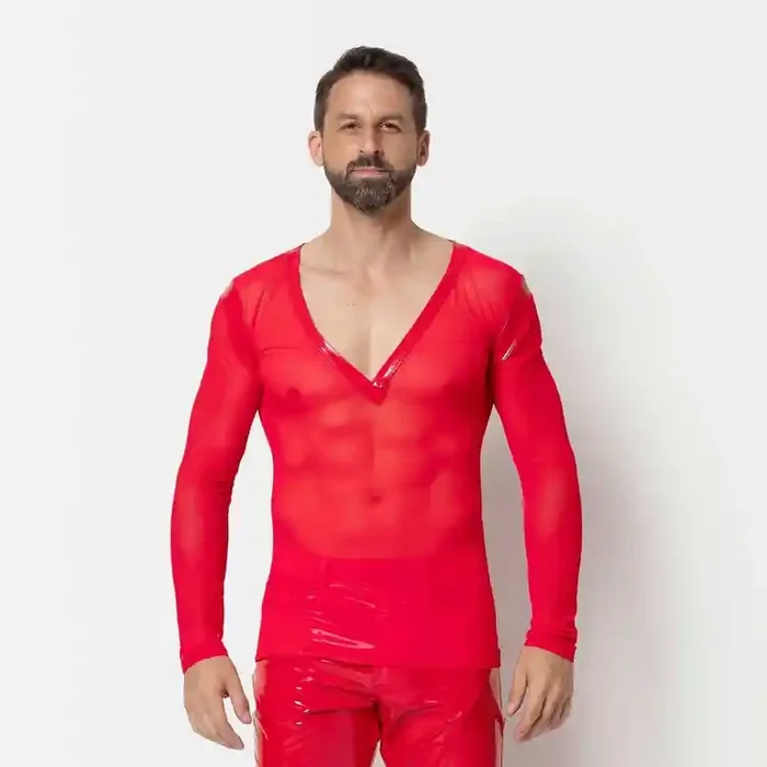 Shirt aus Mesh mit tiefem Ausschnitt – Rot