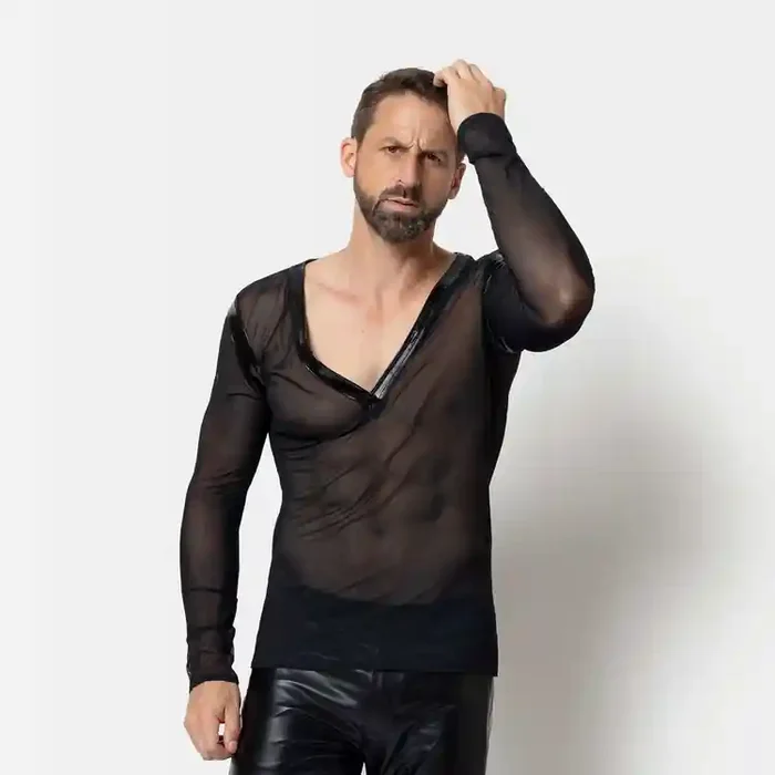 Shirt aus Mesh mit tiefem Ausschnitt – Schwarz