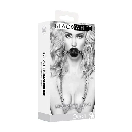 Shots Ouch Black & White Breathable Ball Gag w/Nipple Clamps – Black