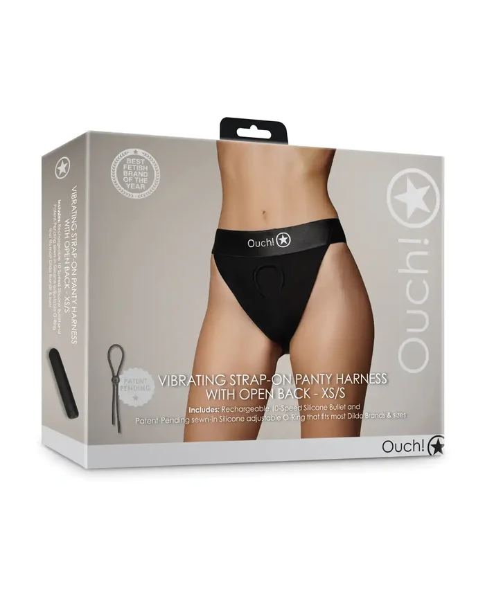 Shots Ouch Vibrating Strap On Panty Harness w/Open Back – Black XS/S