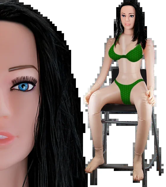 Sitzende dunkelhaarige aufblasbare Sexpuppe Rebecca