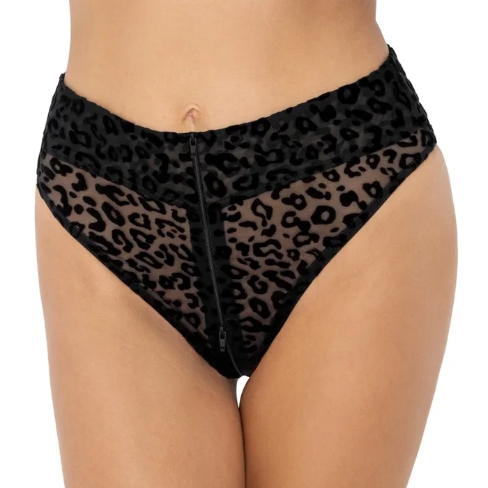 Slip aus Stretch-Feinnetz mit Leo-Samtflockprint Noir