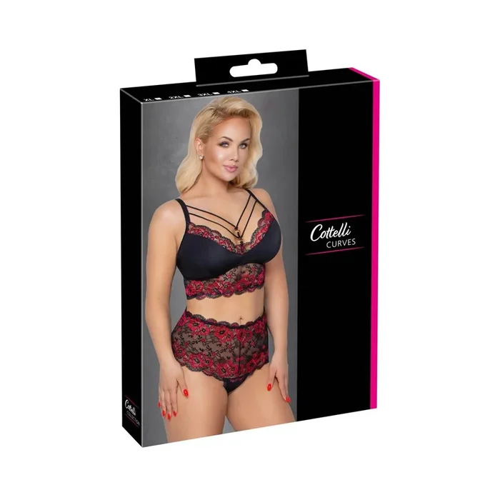 Soft BH & Slip mit Blütenspitze – Rot/Schwarz – Größe 3XL