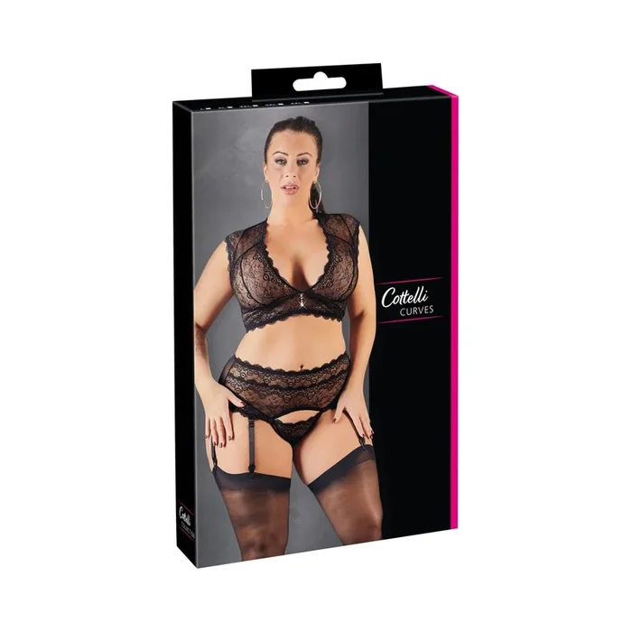 Spitzen-Set – Bralette + Straps-String – Elastisch – Schwarz – Bis Größe 4XL