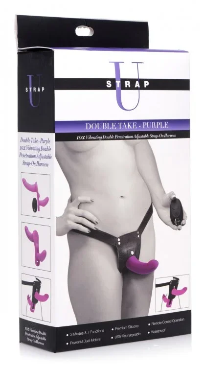 Strap U Double Take Double Penetration Vibrating Strap On Harness – Purple