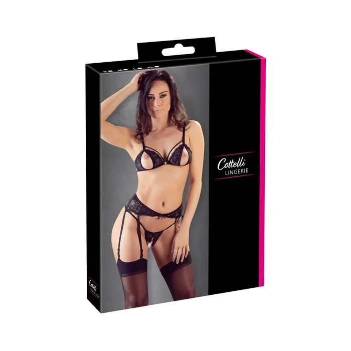 Straps-Set aus Blütenspitze – BH + String + Strumpfhalter – Größe S