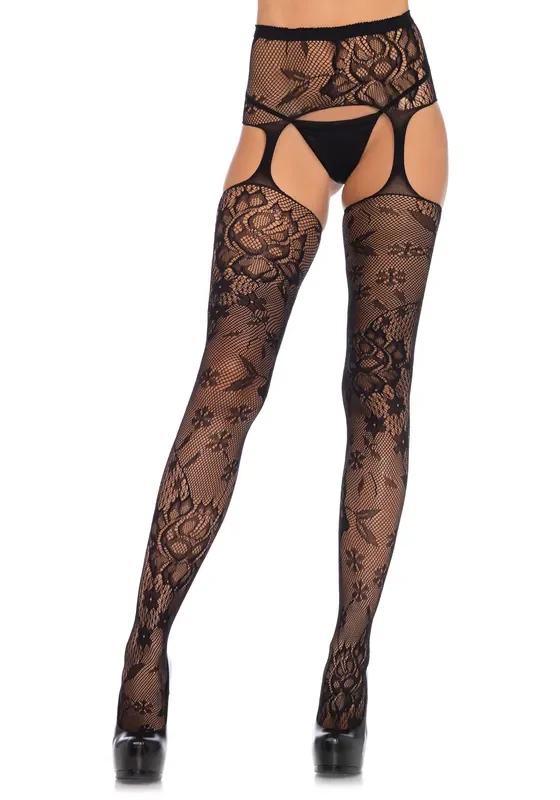 Strapsstrumpfhose ‘Blumen‘ schwarz