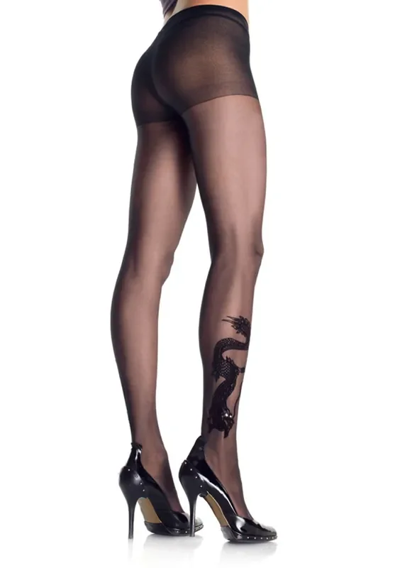Strumpfhose mit Drachen-Tattoo in Schwarz