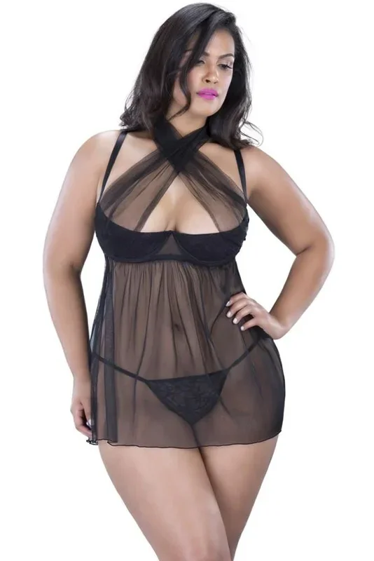 Tie Front Shelf Cup Babydoll & G-String Set in 3X