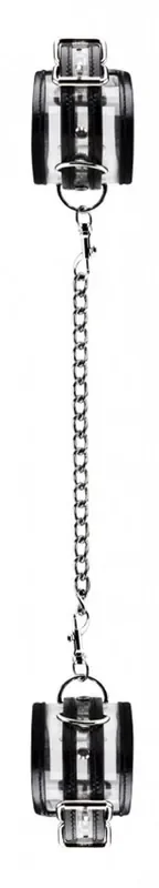 Transparente Handschellen mit schwarzen Streifen und Metallkette