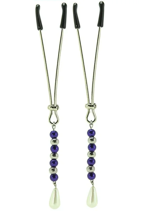 Tweezer Nipple Clamps with Purple and Pearl Tassels