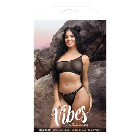 Vibes Bad Bitch One Shoulder Bling Bralette & Panty Black M/L