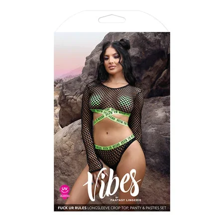 Vibes Fuck Ur Rules Long Sleeve Crop Top, Panty & Pasties Black/Green L/XL