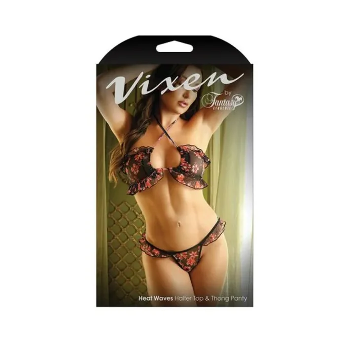 Vixen Heat Waves Floral Print Ruffled Bralette & Matching Thong Panty Black O/s